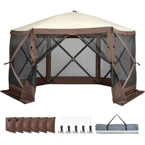 Tente de jardin démontable 6 pans avec moustiquaire, 12,5x12,5FT, auvent solaire avec 6 parois amovibles anti-vent et fenêtres en maille, brun. (1/5)