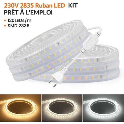 Ruban LED 220V 10M blanc froid 6000K étanche IP67 – 120 LED/m – 18W/m – Dimmable – Fixations incluses