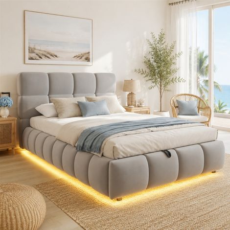 Cama tapizada 90 x 200 cm con almacenaje hidráulico y tira LED, terciopelo gris, OKWISH (1/5)