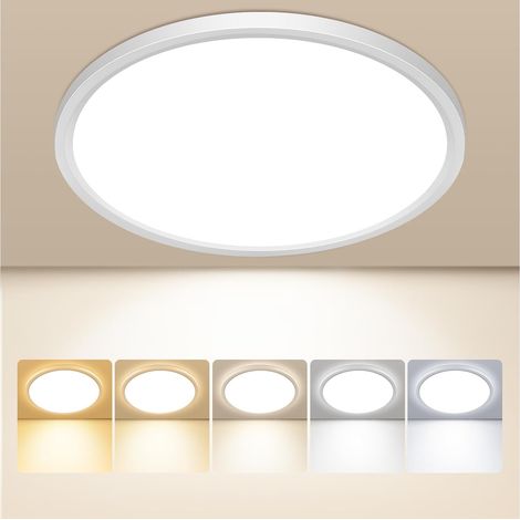 22cm Plafonnier LED, 5 Couleurs (3000/3500/4000/5000/6500 K), étanche IP44, Lampe de Salle de Bain, Lampe Ronde Ultra-Mince 18W pour Cuisine, Salle de Bain, Chambre, Couloir, Salon (22cm) (1/5)