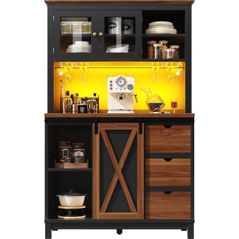 Aparador alto de cocina con 1 puerta corredera, 1 cajón, estantes ajustables y LED para cocina en MDF, metal y vidrio, 104x40x180 cm, negro (1/5)