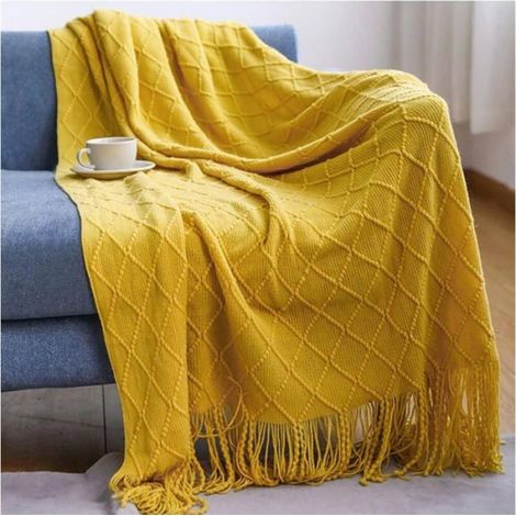 Couverture Tricot Laine 127x172cm Jaune, Canapé Bureau Voiture Lit (1/4)