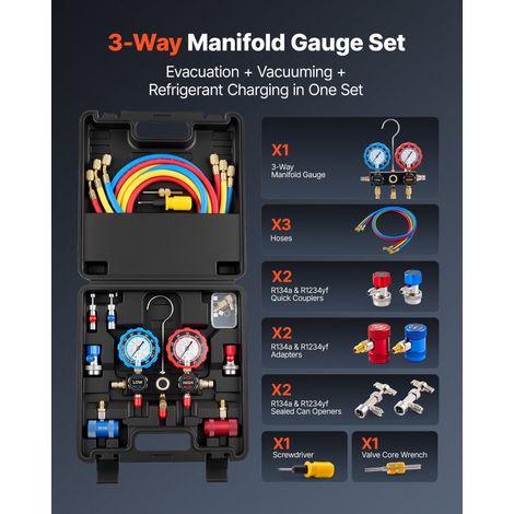 Kit de Recharge de Réfrigérant de Climatisation Automobile R134a R404A R1234yf R22, Manomètre Frigoriste 3 Voies, pour Fluide Frigo… (1/5)