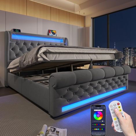 Lit 140x200 avec Sommier LED et USB C, Lit Coffre 140x200 avec Rangement et Tete, Double avec à Lattes 2 Personnes, Rembourré Cadre de(sans Matelas) (1/5)