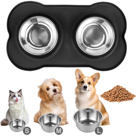 Stainless Steel Cat Bowl Mat, 2 Pieces Non-Slip Stainless Steel Dog and Cat Bowl, Double Water Bowls with Silicone Anti-Splash Dog Bowl Mat (M 42 x 26 cm) (1/5)