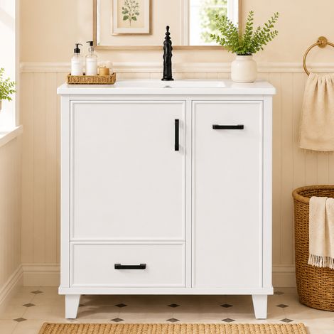 Meuble-lavabo sur pied blanc, 76,5 x 47 x 82 cm, surface laquée, tiroir coulissant latéral à 2 niveaux, vasque céramique intégrée, rangement intérieur sous porte, meuble salle de bain avec stockage (1/5)