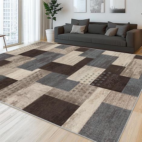 Grand tapis de salon patchwork bleu taupe 200 x 230 cm (1/5)