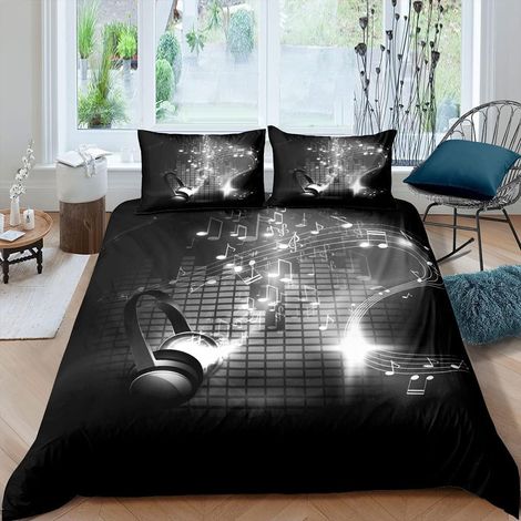 Thème Musical Housse de Couette 3D Stéréo Musique Parure de Lit 200x200cm Casque Ensembles de Musique de Housse de Couette Décor de Chambre Motif Note de Musique avec 2 Taie d'oreiller - 200x200cm (1/5)