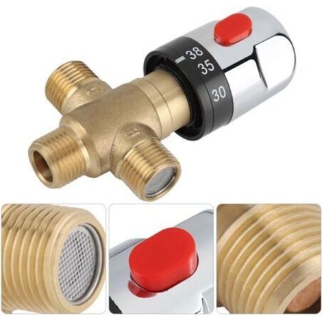 Vanne Mélangeur Eau Chaude Froide Robinet mitigeur thermostatique en laiton solide Robinet température fixe pour lavabo Cuisine Salle de bain Toilette G1/2 35-45℃ 15mm (1/5)