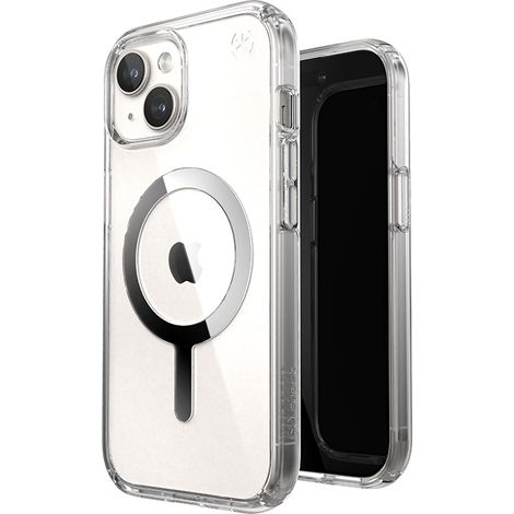 Custodia Speck Presidio Perfect-Clear MagSafe per iPhone 15 / iPhone 14 / iPhone 13 (Trasparente / Finitura cromata / Argento sereno) (1/5)