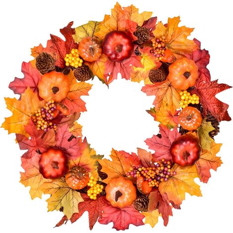 MINKUROW Corona D'acero Artificiale Da 45 Cm Per Porta D'ingresso, Corona D'autunno Corona D'autunno Con Foglia D'acero Con Foglia D'acero, Zucca, Pigna, Bacca, Per Halloween, Ringraziamento, Decorazi (1/5)