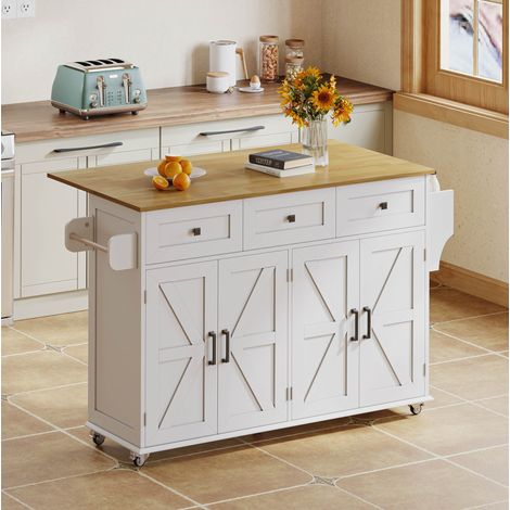 Carrello da cucina con 5 ruote, 4 ante, 3 cassetti, vassoio tavolo pieghevole, portaspezie, doppio portasciugamani, bianco (1/5)
