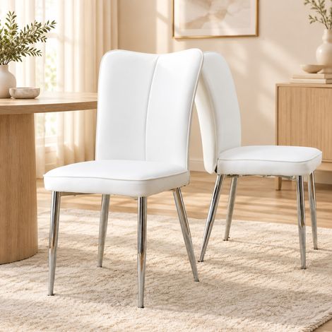 2er-Set moderne Esszimmerstühle aus weißem PU mit silberfarbenen Metallbeinen 89 cm OKWISH (1/5)