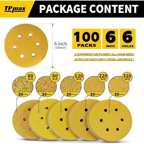 Disques Abrasifs Auto-agrippants 150mm 6 Trous Papier de Ponçage Mixte Grain 60/80/120/220/320 Disques Ponceuse Orbitales Crochet et Boucle Meulage et Polissage du Bois et Métal (1/4)