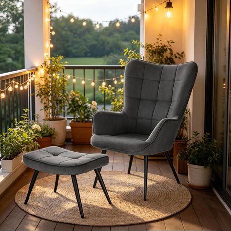 Fauteuil relax avec repose-pieds 50x49x97 cm gris foncé, velours côtelé et métal, MEUBLIV (1/5)
