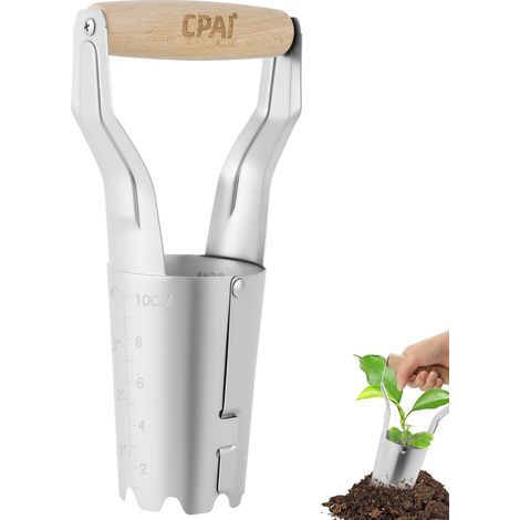 Plantoir à Bulbes, Transplanteur de Jardin en Fer Chromé et Manche en Bois Solide, Automatique Fleurs à Bulbe avec des Graduations Claires de 1-4 Pouces Outils de Jardin (1/5)