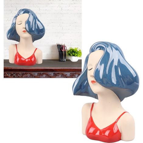 Jarrón decorativo de cerámica con forma de cabeza de niña, azul moderno, para salón, oficina o dormitorio. (1/5)