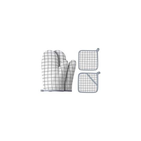 Guantes de algodón para horno y guantes resistentes al calor para barbacoa - Aptos para cocinar, hornear y asar a la parrilla (juego de 4 piezas, cuadros blancos) - Crezuo