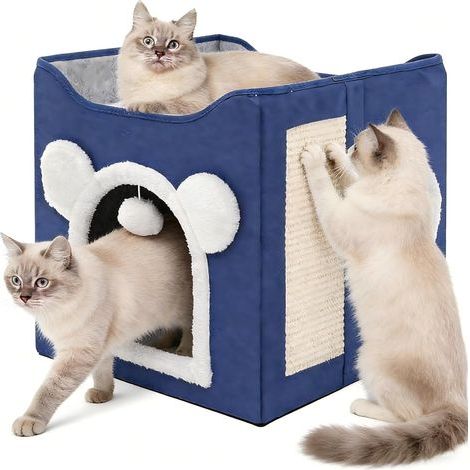 Foldable Cat House, 2 Levels, Removable Cushions, Sisal Scratching Post, Hanging Toy, Indoor (1/5)