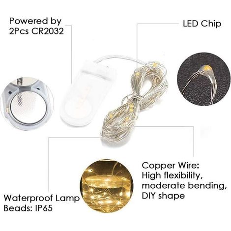 Guirlande Lumineuse LED - 10 Pack 2M 20LEDs Fil de Cuivre, Guirlande Lumineuses Piles pour Vase Long et Fin, Table, Interieur Exterieur, Vacances, Mariage, Fête, Noël (Blanc Chaud)