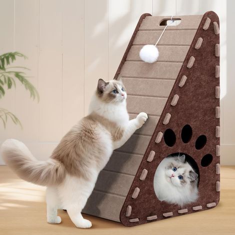 Arbre à chat triangulaire multifonction avec griffoir et niche intégrée pour chat (1/5)