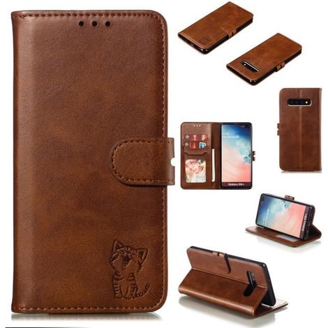 Étui Samsung Galaxy S10 Plus Housse PU Cuir Portefeuille Étui à rabat avec Support modèle de chat heureux - Marron
