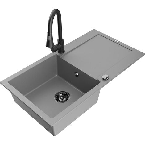 Mexen Leo lavello in granito 1-vasca con scolapiatti e miscelatore cucina Elia, grigio - 6501-71-670101-70-B (1/5)