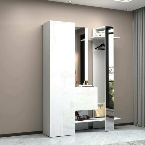 Dmora - Mueble de entrada Vilmaro, Armario multifuncional con 2 puertas, Perchero de pared con 2 espejos, 140x35h190 cm, Blanco (1/5)