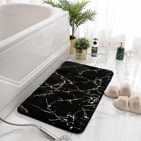 Tapis De Bain - 40 x 60 cm - Texture Marbrée - Fausse Fourrure Polyester - Antidérapant - Lavable - Noir Or (1/4)