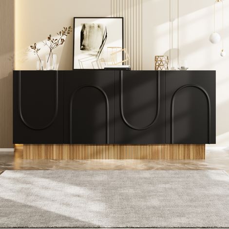 Credenza in truciolare nero e legno 160 x 38 x 75 cm, 4 ante, ampio spazio contenitivo (1/5)