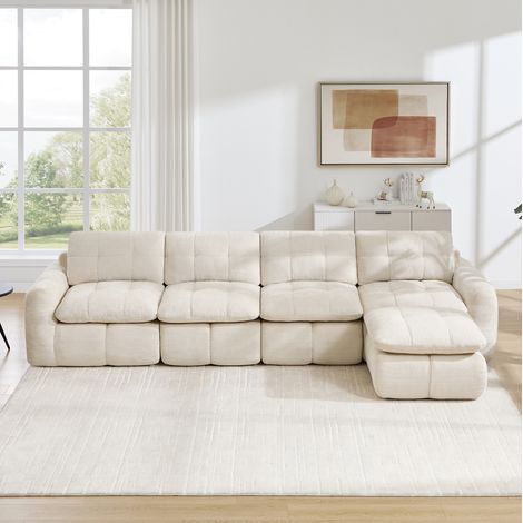 Divano modulare 334x160x68 cm, configurazione flessibile, seduta ampia e profonda, 1 pouf, chenille beige (1/5)
