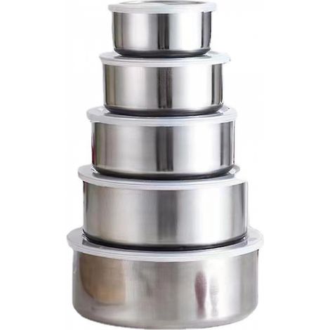 Ensemble de 5 bols en acier inoxydable avec couvercles pour légumes, pour une organisation optimale de la cuisine et du plan de travail.-AquaForge (1/5)