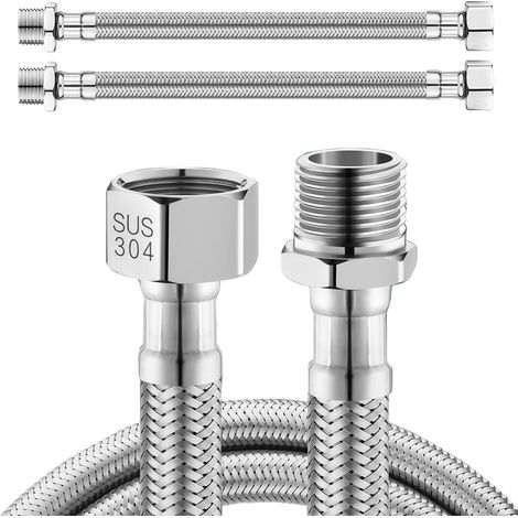 2 tuyaux flexibles de 30 cm, 3/8'' AG x 3/8'' Tuyau flexible en acier inoxydable, tuyau flexible pour robinetterie, tuyau pour robinet, robinet d'angle, chauffe-eau, salle de bain, WC (1/5)