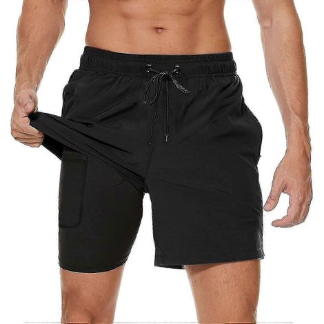 Short de bain homme avec doublure de compression et séchage rapide - Short de plage/surf avec poches zippées pour homme Black-L (1/5)