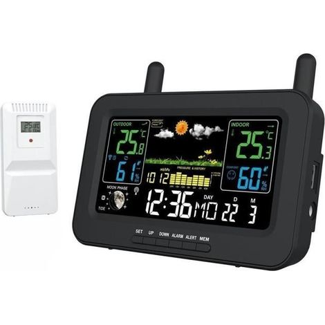 Horloge de station météo Numérique sans Fil Ecran LCD Colorée PRUMYA avec capteur extérieur Prévisions météorologiques Température (1/4)