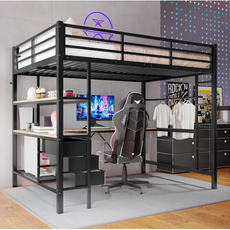 Lit mezzanine moderne 140x200 cm métal et MDF noir avec bureau, LED, prise USB, 3 tiroirs et escalier (1/5)