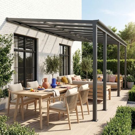 sweeek - Pergola. carport adossé 3x6m anthracite aluminium et polycarbonate avec gouttière. pergola adossée (1/4)