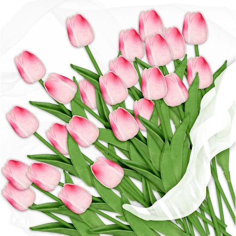 48 x künstliche Tulpen, Kunstblumen wie echt, dekorative Kunsttulpen aus Kunststoff, ca. 33,5 cm lang rosa/grün, Pink (1/5)