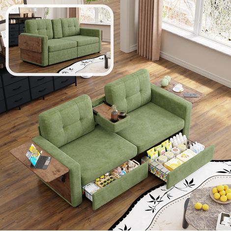 Divano 2 posti 178x71x57,5 cm in ciniglia verde, tavolini pieghevoli - MEUBLIV (1/5)
