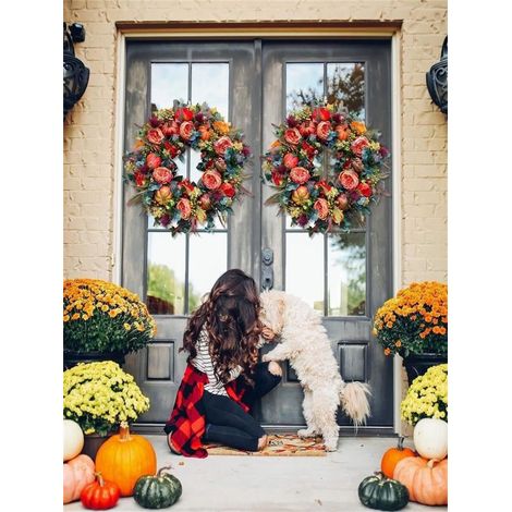 Guirlande De Porte - Fleur De Pivoine Et Feuille D'érable - Pour Porte Armoire Intérieur Extérieur - Décoration Automne Halloween Thanksgiving Noël - 1 Pièce (1/3)