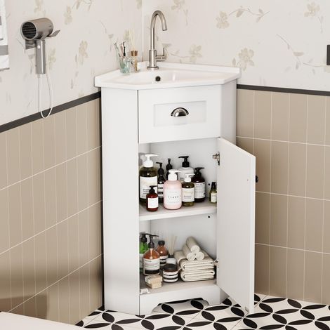 Meuble vasque de salle de bain, modèle sur pied à une seule vasque, meuble étanche, vasque en céramique, poignées en métal, meuble de rangement pour salle de bain, Blanc (1/5)