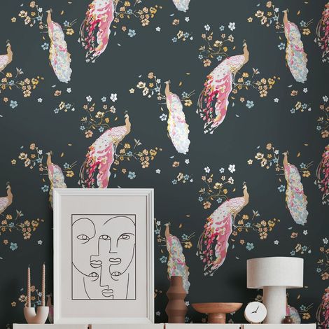 Papier peint coloré nature sur fond noir Tapisserie motif animal et floral Papier peint avec paons style asiatique idéal pour couloir (1/5)