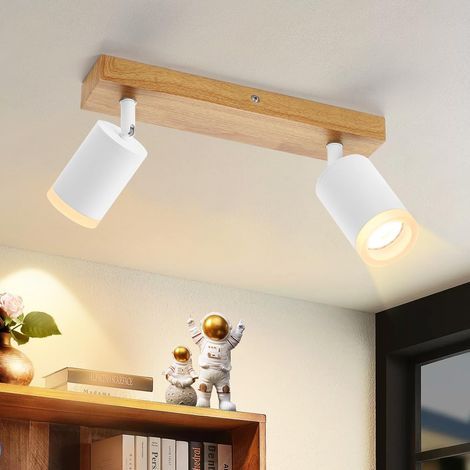Lampe plafonnier LED projecteur plafonnier à 2 branches - plafonnier en bois GU10 lampe de cuisine orientable à 350 vintage projecteur spot de couloir style industriel (sans ampoules) (1/5)