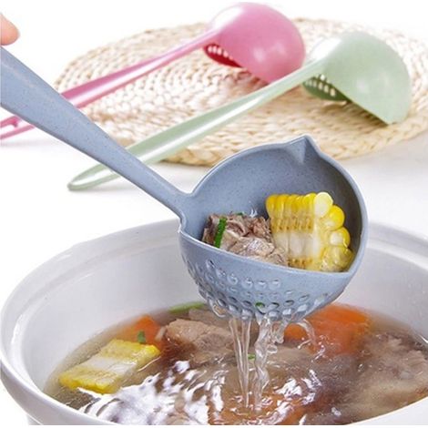 Nueva cuchara sopera de mango largo, colador de cocina de color sólido, cuchara de cocina de plástico, colador de cocina azul intenso (1/5)