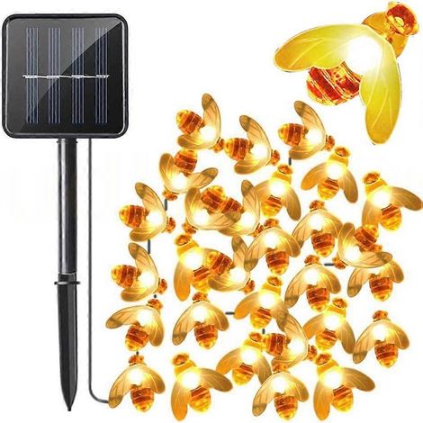 Lichterkette mit Bienenmotiv, 6,5 m, solarbetrieben, 30 LEDs, Außenbeleuchtung, wasserdicht, Bienenmuster.