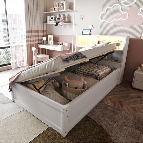 Lit banquette 90 x 200 cm multifonction en bois blanc avec LED, prises et rangements (1/5)