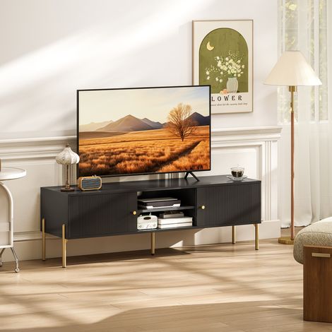 Meuble TV Jusqu'à 65", Portes Cannelées, Compartiments Ouverts, 140x38x45,9 cm, Noir (1/5)