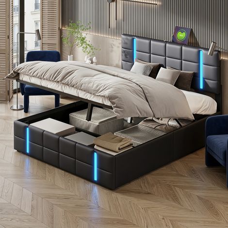 Lit coffre 160x200 cm avec LED, lit double rembourré avec 2 ports USB, rangement hydraulique, sommier à lattes, PU, noir (1/5)