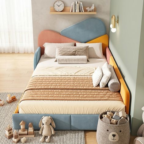 Lit rembourré enfant 140x200 cm lit simple avec barrières de sécurité, tête de lit capitonnée, lit au sol confortable, multicolore (1/5)