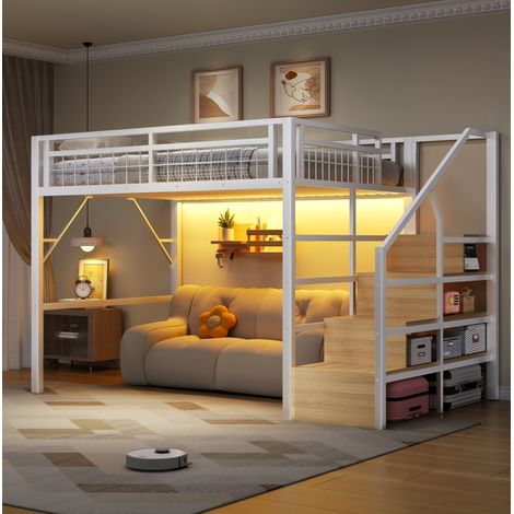 Cama alta 140x200 cm con LED regulable por app, escalera con almacenaje y estructura de metal y MDF, acabado blanco, ideal para dormitorio juvenil - CHICFURN (1/5)